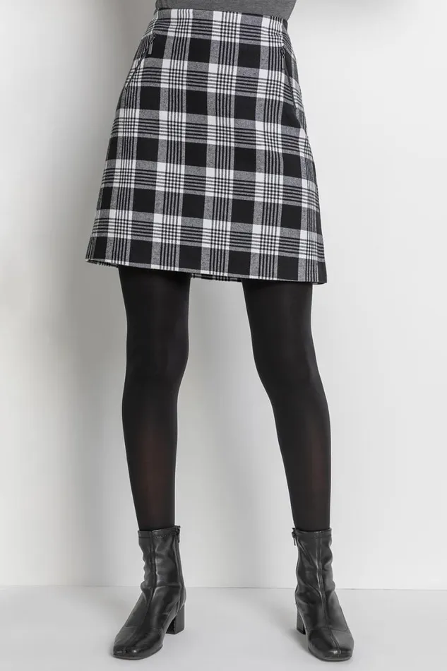Women Black Check Print Zip Pocket A Line Skirt Roman Skirts