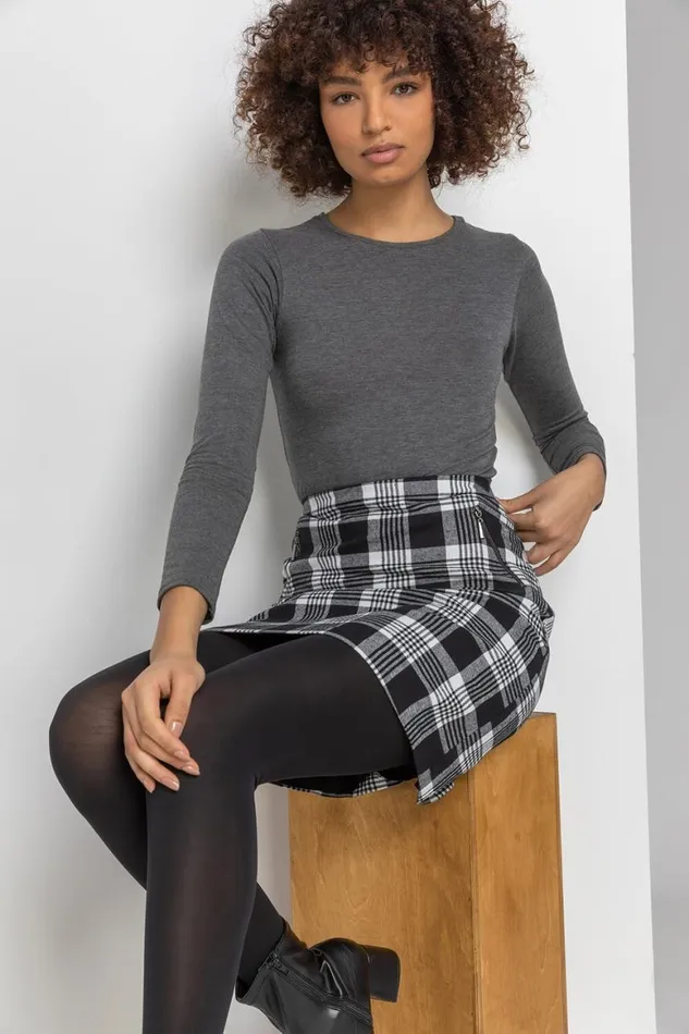 Women Black Check Print Zip Pocket A Line Skirt Roman Skirts