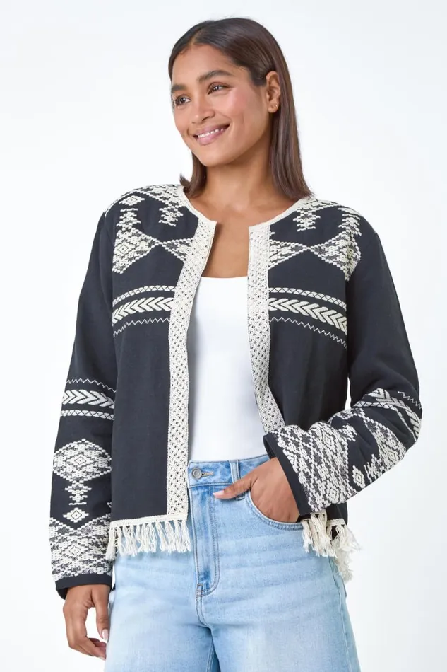 Women Black Cotton Blend Aztec Fringe Detail Jacket Roman Jackets