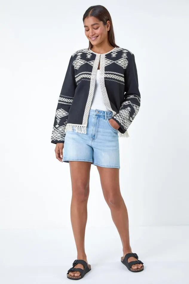 Women Black Cotton Blend Aztec Fringe Detail Jacket Roman Jackets