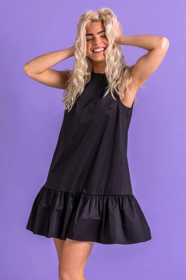 Women Black Cotton Sateen Tiered Frill Dress Roman Dresses