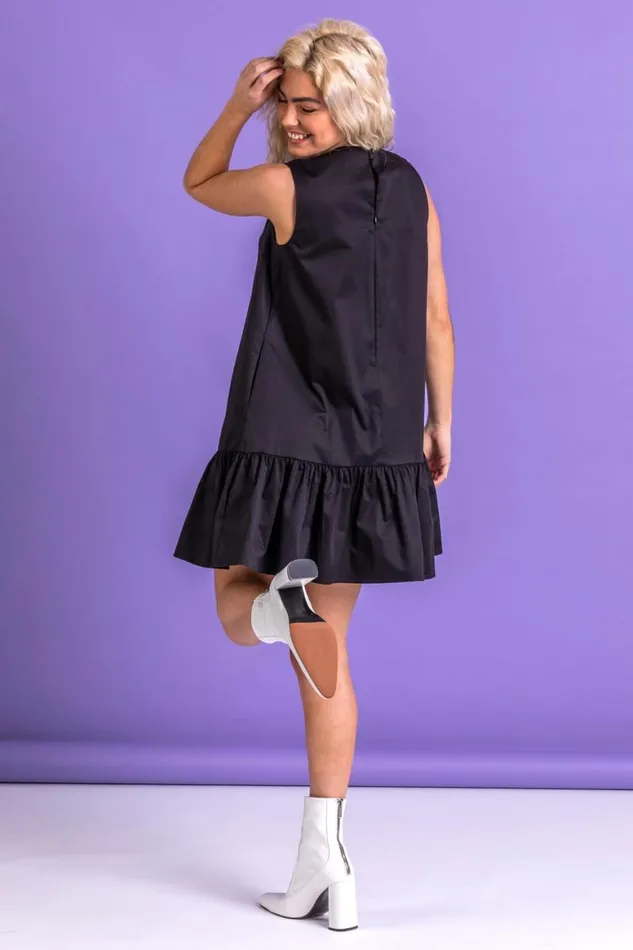 Women Black Cotton Sateen Tiered Frill Dress Roman Dresses