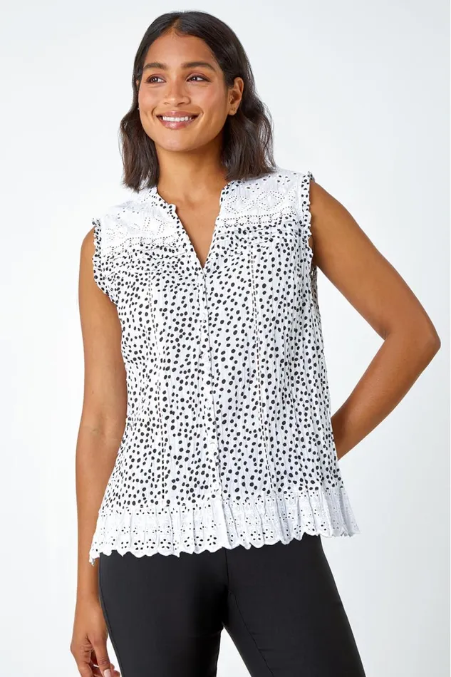 Women Black Cotton Spot Print Broderie Crinkle Blouse Roman Tops