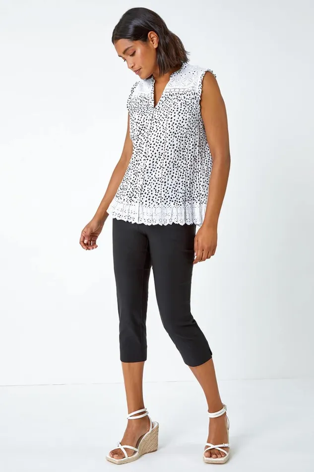 Women Black Cotton Spot Print Broderie Crinkle Blouse Roman Tops