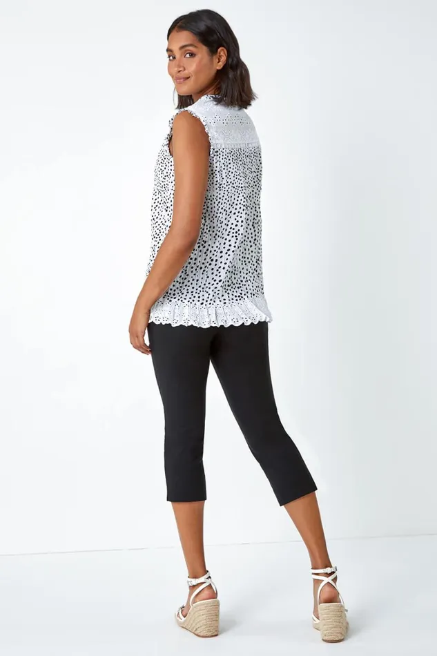 Women Black Cotton Spot Print Broderie Crinkle Blouse Roman Tops