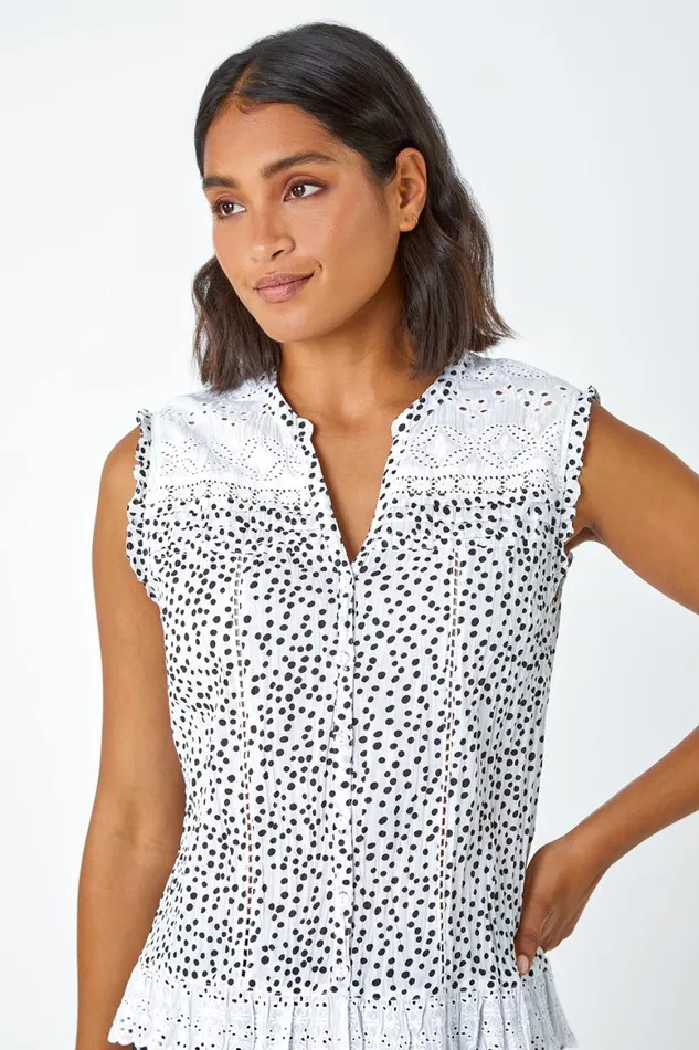 Women Black Cotton Spot Print Broderie Crinkle Blouse Roman Tops