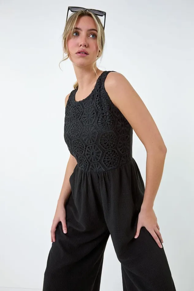 Women Black Crochet Lace Wide Leg Jumpsuit Roman Dresses