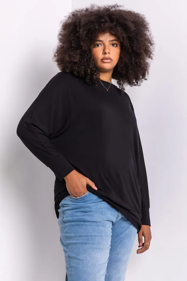 Women Black Curve Crew Neck Long Sleeve Top Roman Tops