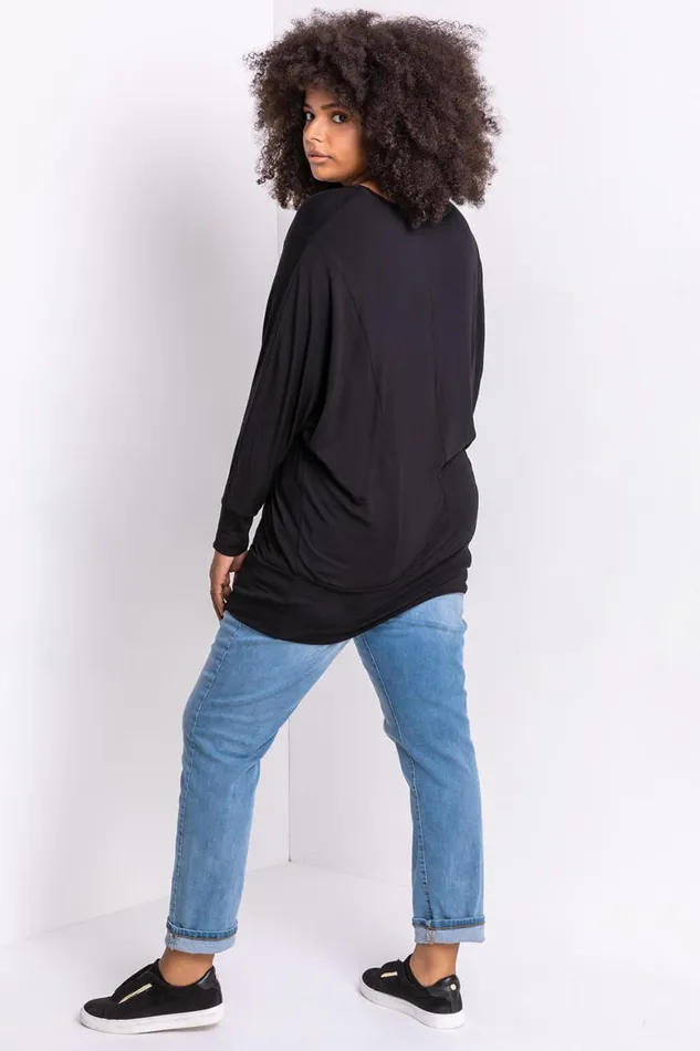 Women Black Curve Crew Neck Long Sleeve Top Roman Tops