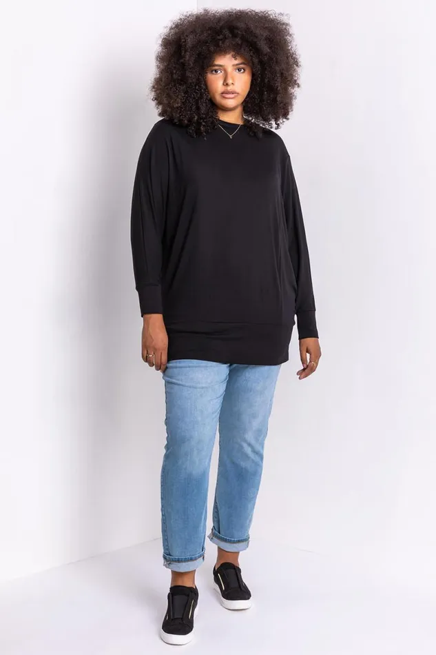 Women Black Curve Crew Neck Long Sleeve Top Roman Tops