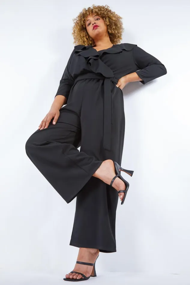 Women Black Curve Frill Detail Wrap Jumpsuit Roman Dresses
