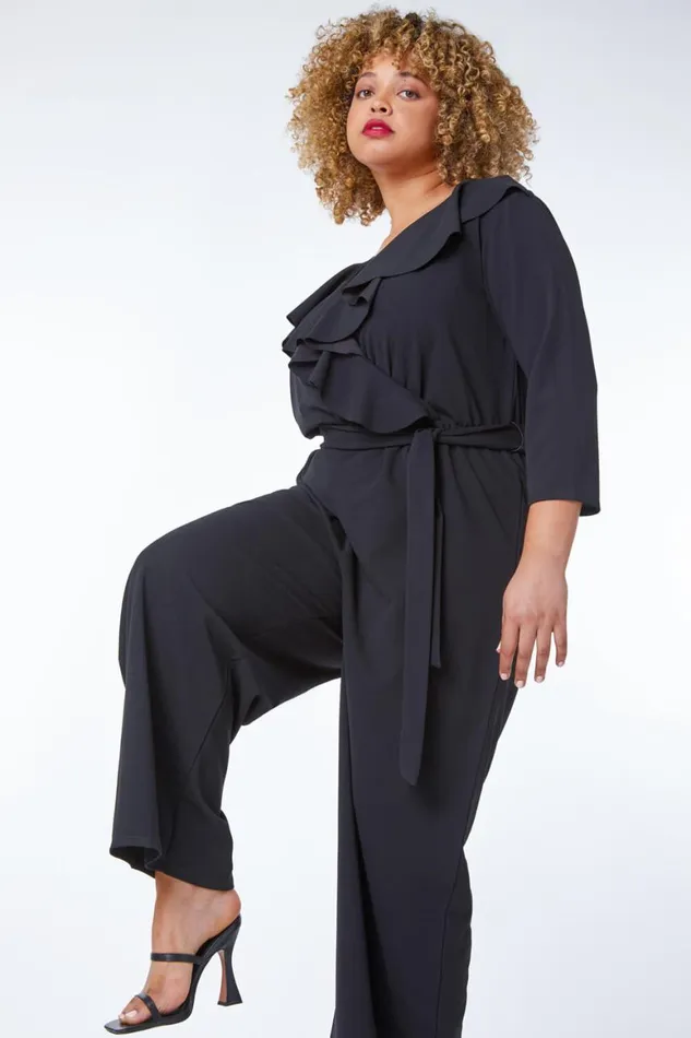 Women Black Curve Frill Detail Wrap Jumpsuit Roman Dresses