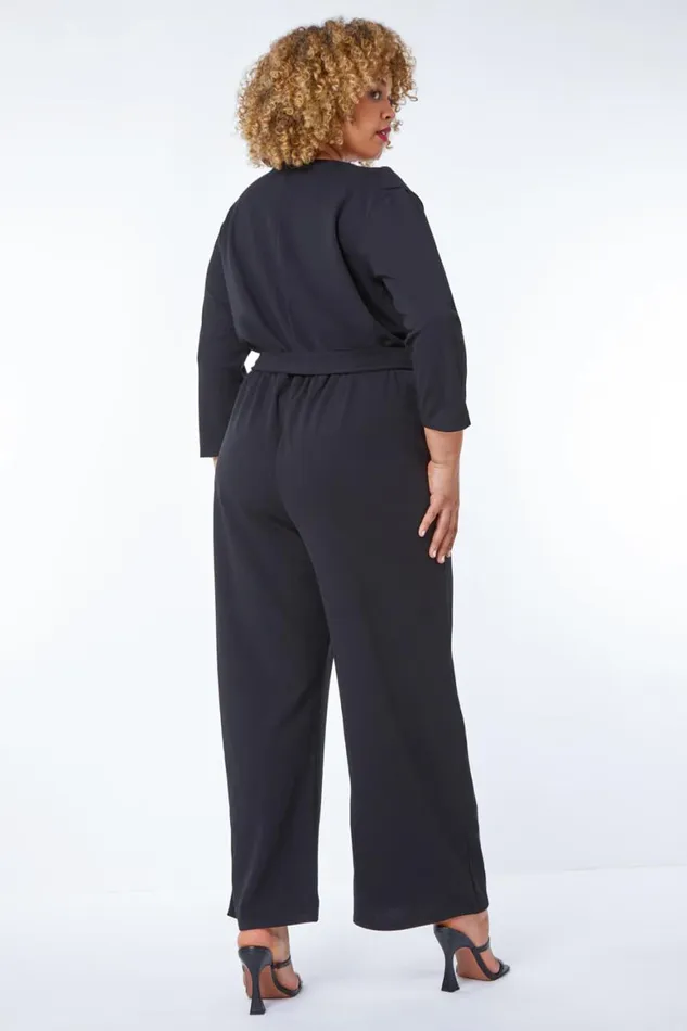 Women Black Curve Frill Detail Wrap Jumpsuit Roman Dresses