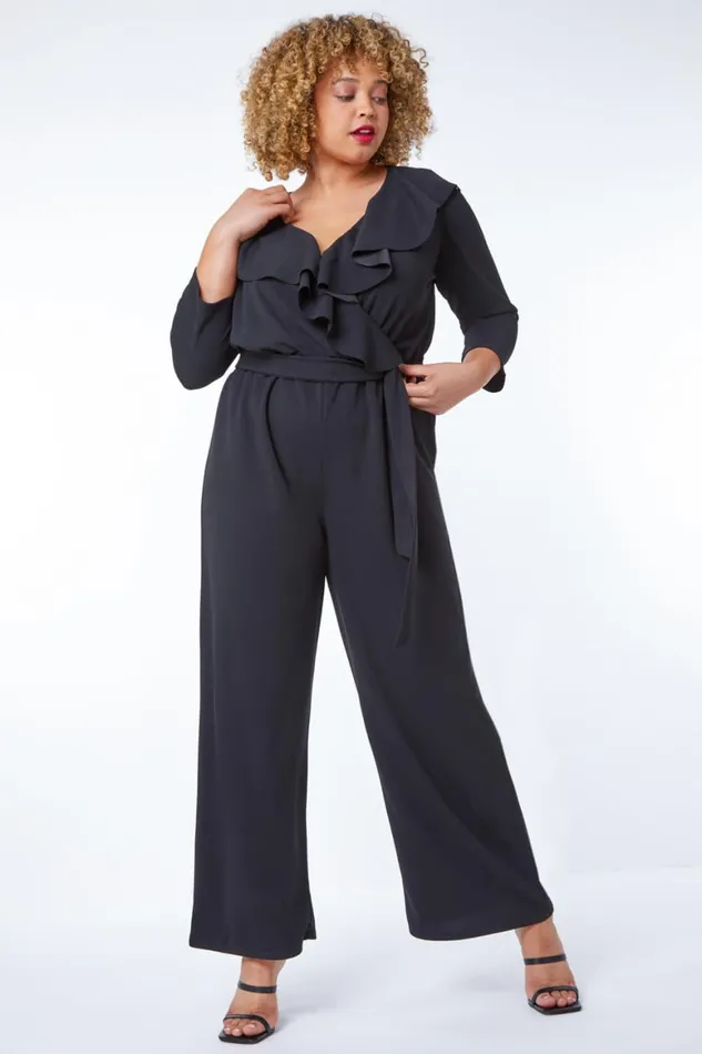 Women Black Curve Frill Detail Wrap Jumpsuit Roman Dresses