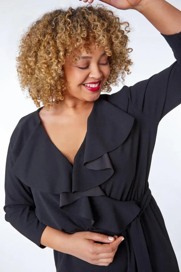 Women Black Curve Frill Detail Wrap Jumpsuit Roman Dresses