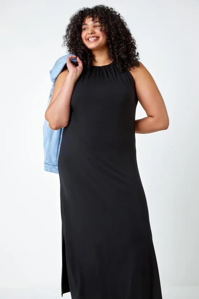 Women Black Curve Plain Stretch Jersey Maxi Dress Roman Dresses