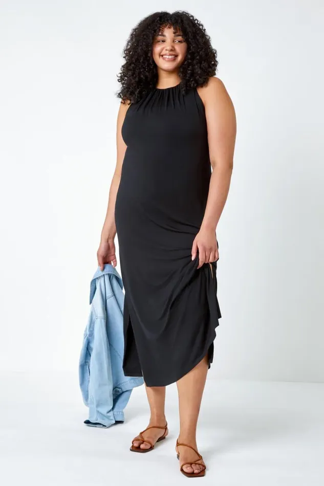 Women Black Curve Plain Stretch Jersey Maxi Dress Roman Dresses