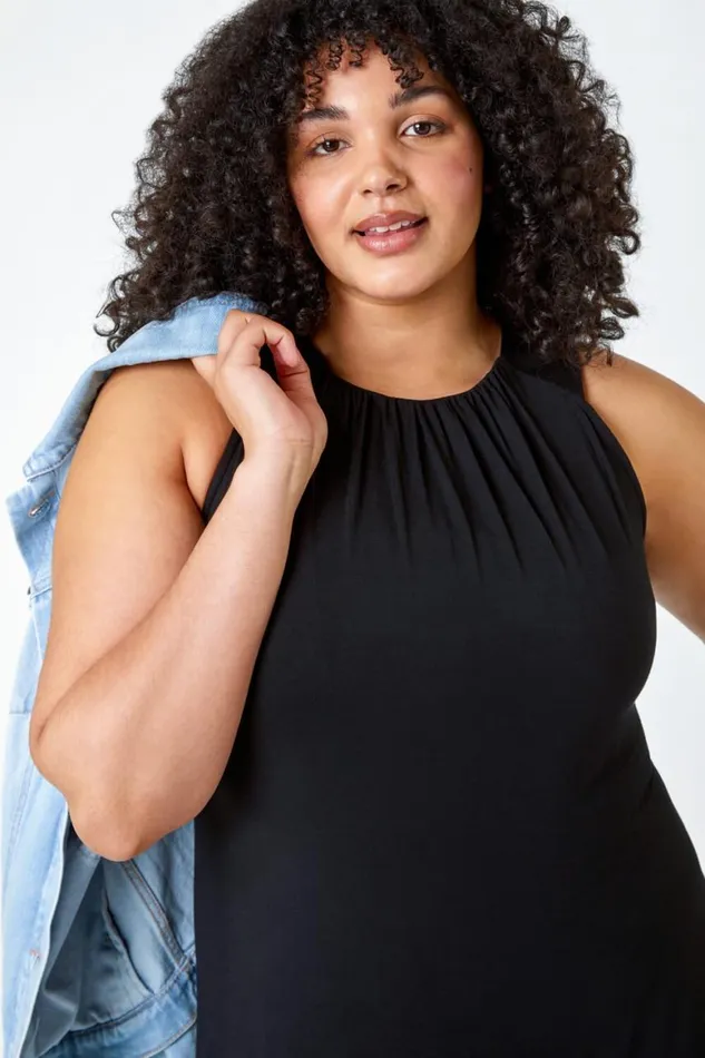 Women Black Curve Plain Stretch Jersey Maxi Dress Roman Dresses