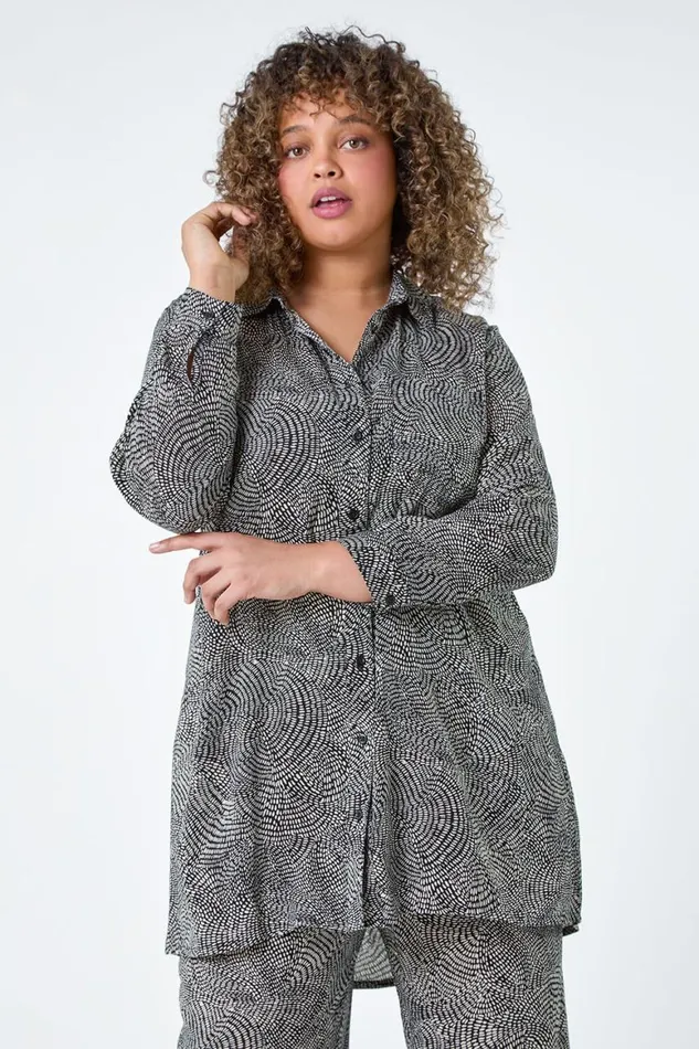 Women Black Curve Printed Button Through Shirt Roman Tops