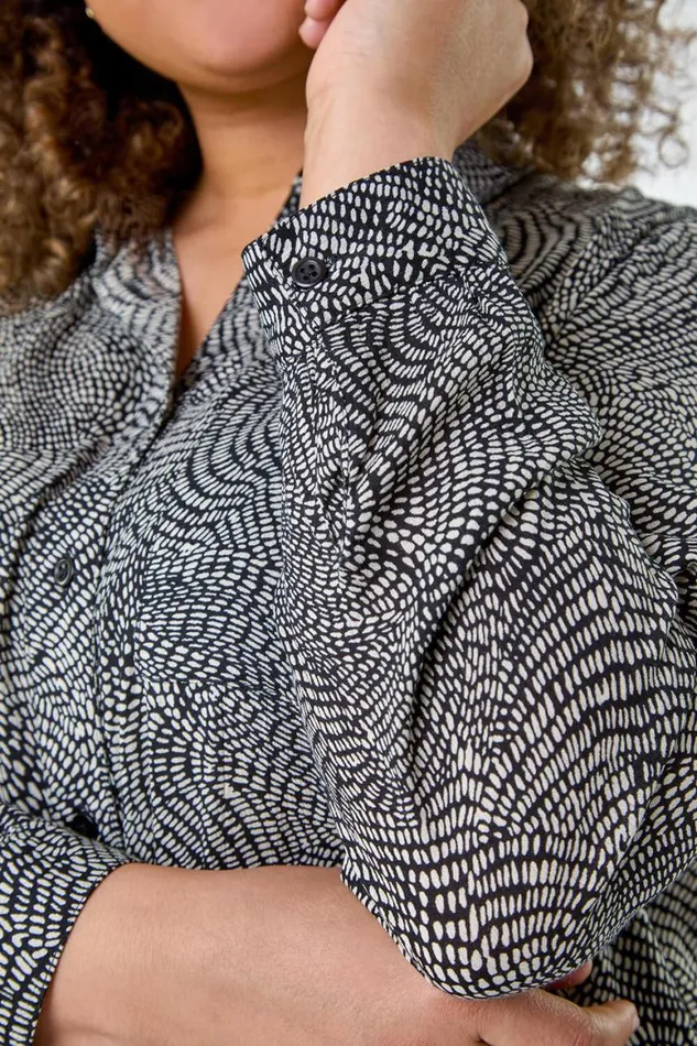 Women Black Curve Printed Button Through Shirt Roman Tops