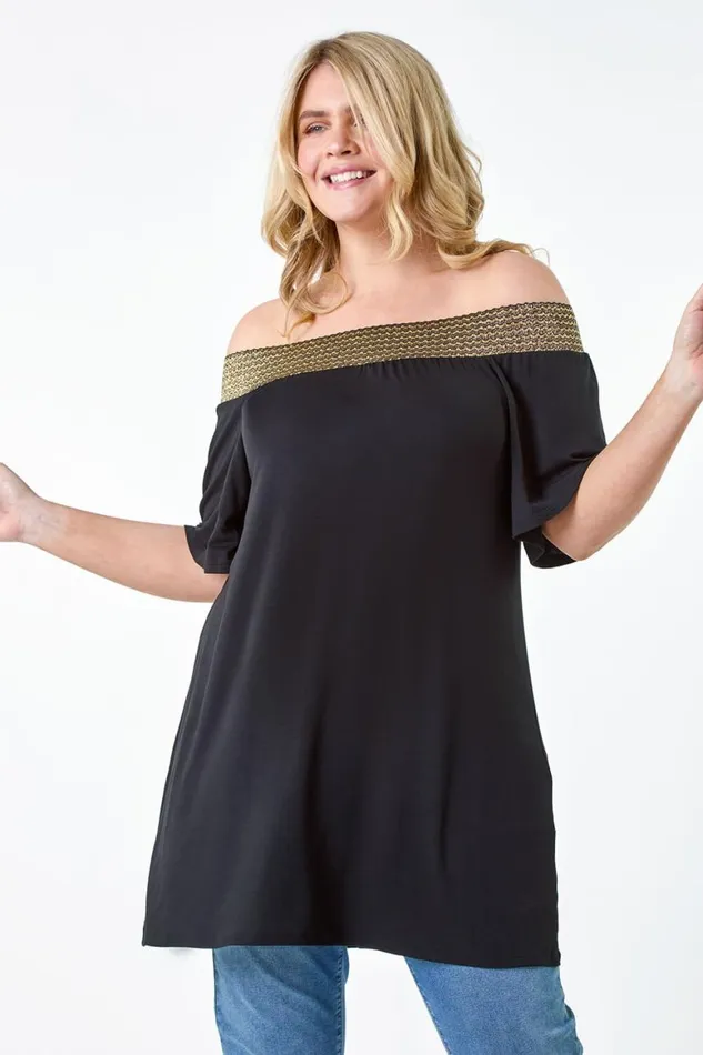 Women Black Curve Shimmer Stretch Shirred Bardot Top Roman Tops
