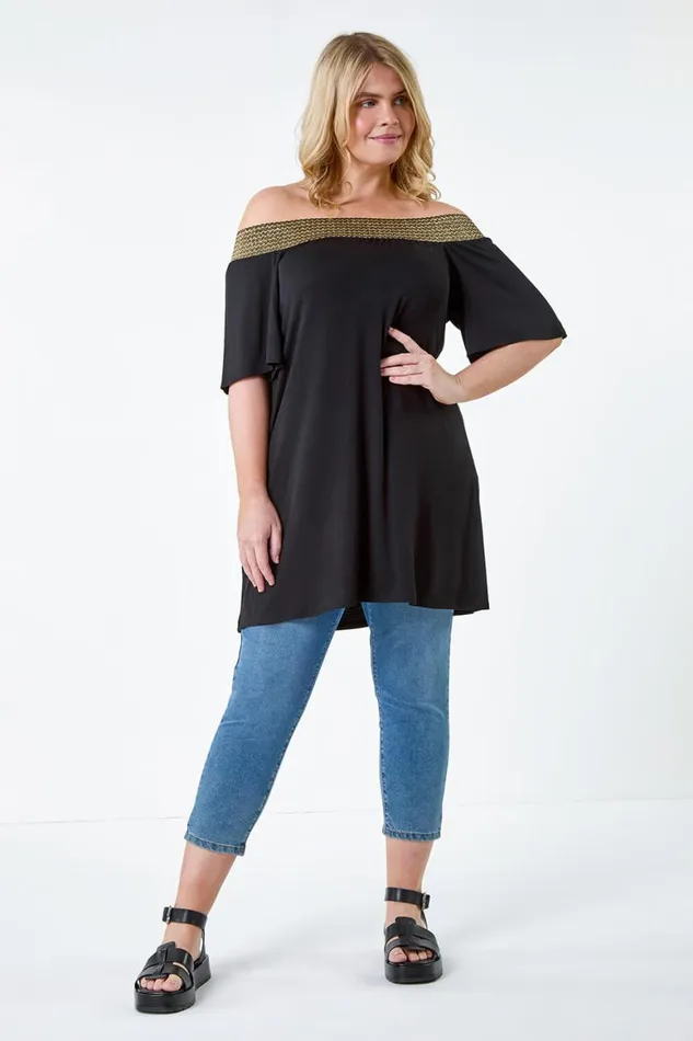 Women Black Curve Shimmer Stretch Shirred Bardot Top Roman Tops