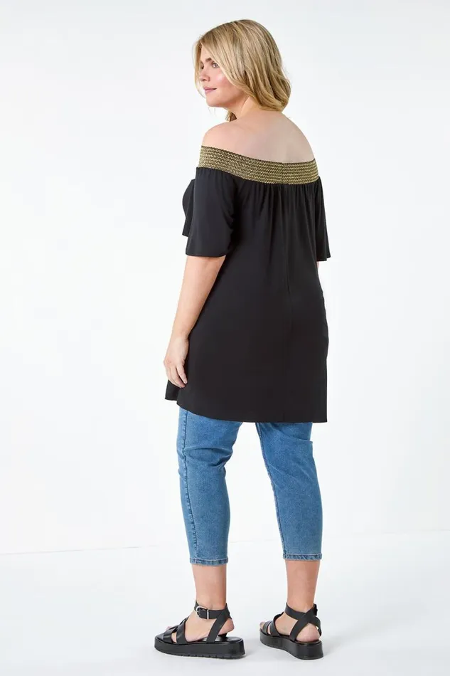 Women Black Curve Shimmer Stretch Shirred Bardot Top Roman Tops
