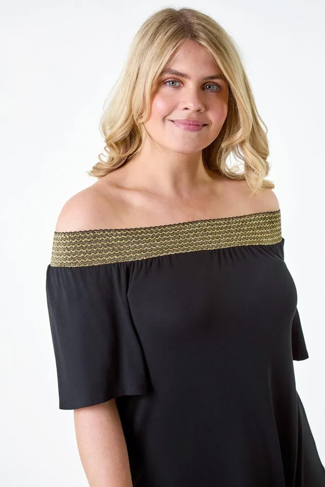 Women Black Curve Shimmer Stretch Shirred Bardot Top Roman Tops