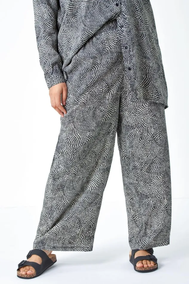 Women Black Curve Spot Print Crinkle Wide Leg Trousers Roman Trousers