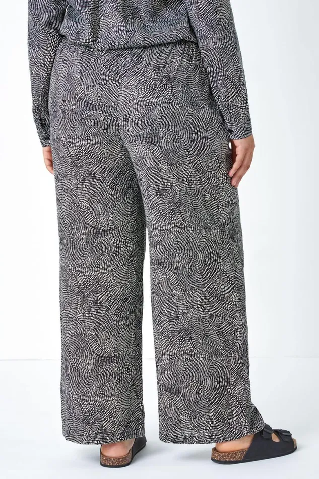 Women Black Curve Spot Print Crinkle Wide Leg Trousers Roman Trousers