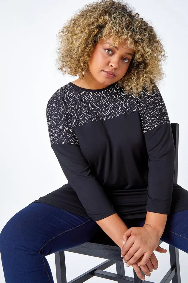 Women Black Curve Spot Print Swing Stretch Top Roman Tops