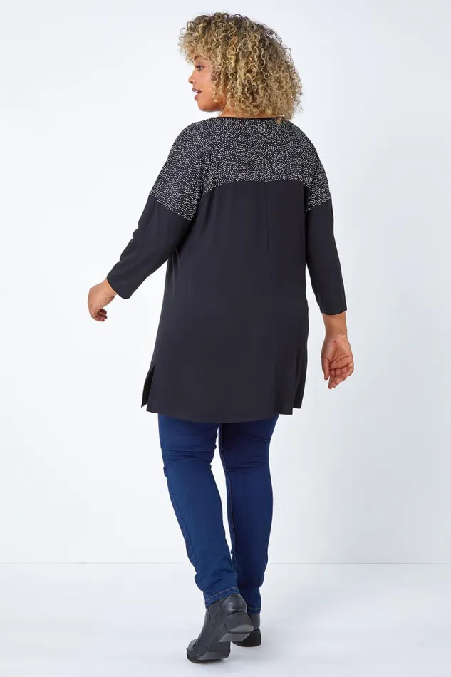 Women Black Curve Spot Print Swing Stretch Top Roman Tops
