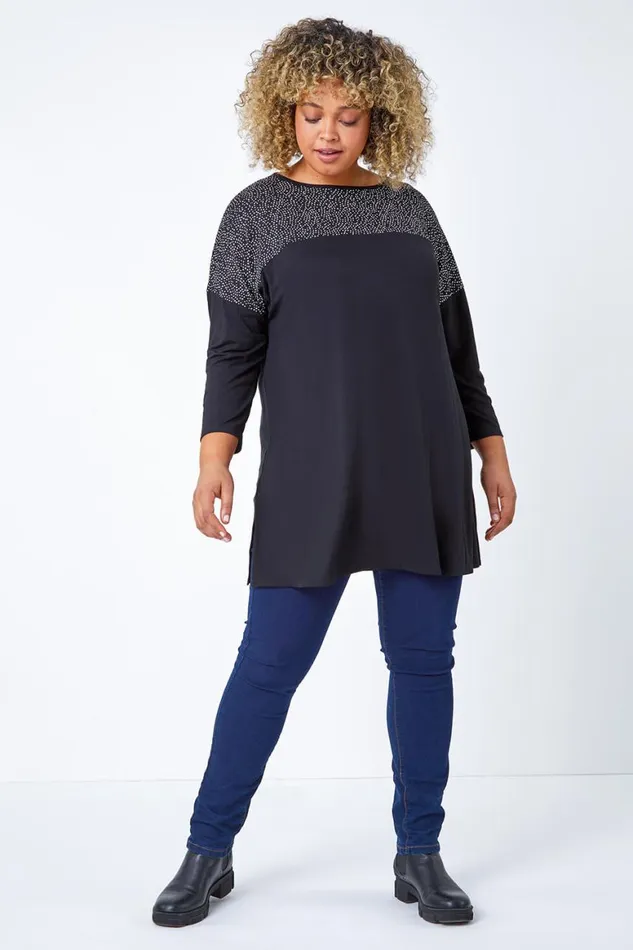 Women Black Curve Spot Print Swing Stretch Top Roman Tops