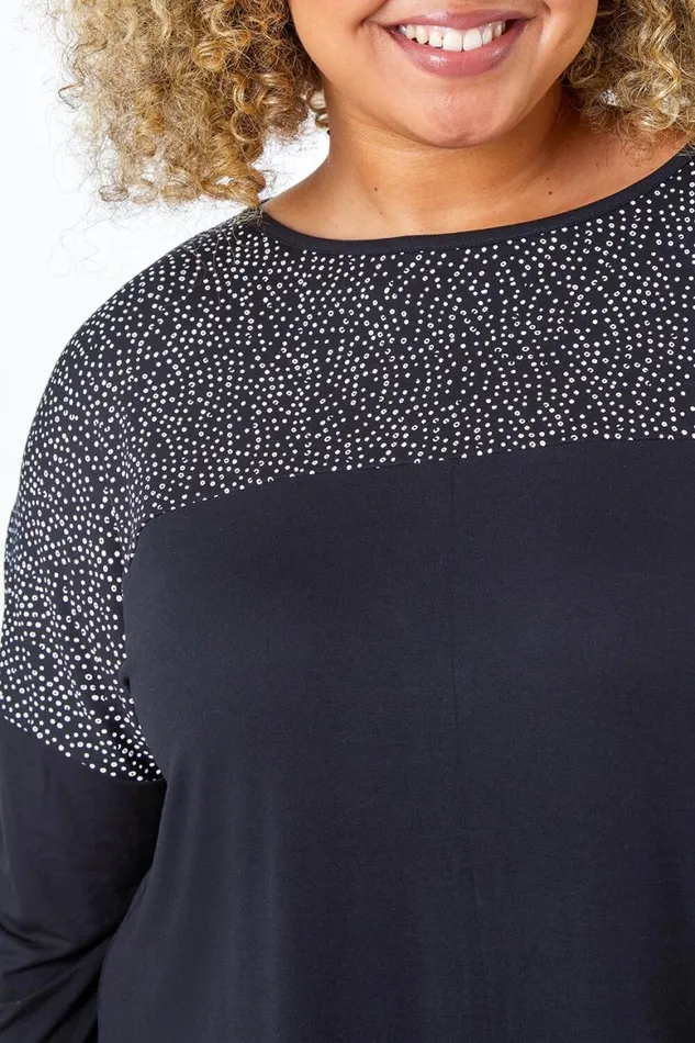 Women Black Curve Spot Print Swing Stretch Top Roman Tops