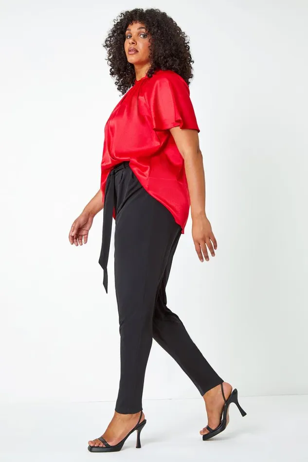 Women Black Curve Tapered Belted Stretch Trousers Roman Trousers