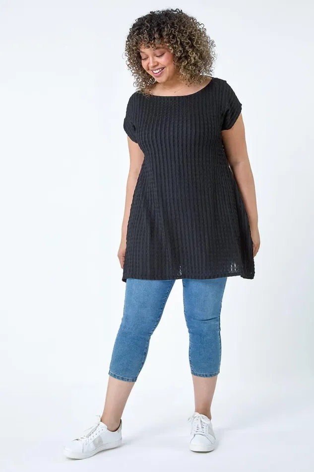 Women Black Curve Textured Short Sleeve TShirt Roman Tops
