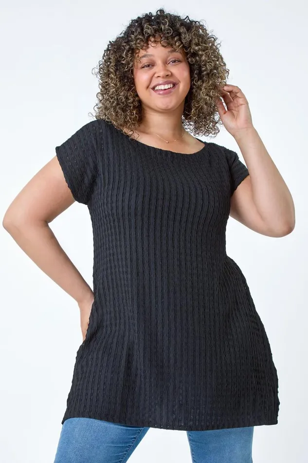 Women Black Curve Textured Short Sleeve TShirt Roman Tops
