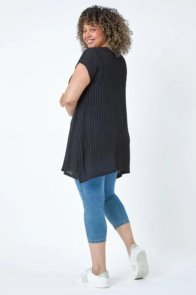 Women Black Curve Textured Short Sleeve TShirt Roman Tops