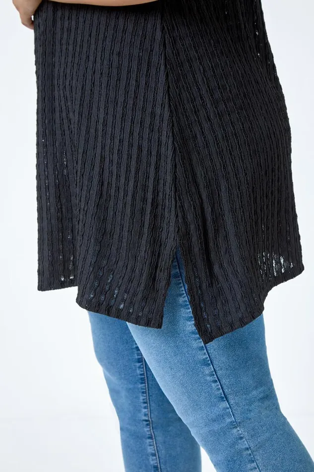 Women Black Curve Textured Short Sleeve TShirt Roman Tops