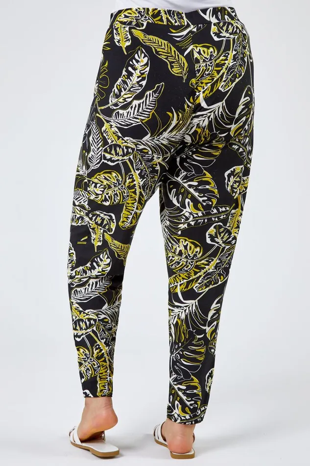 Women Black Curve Tropical Leaf Print Jersey Trouser Roman Trousers