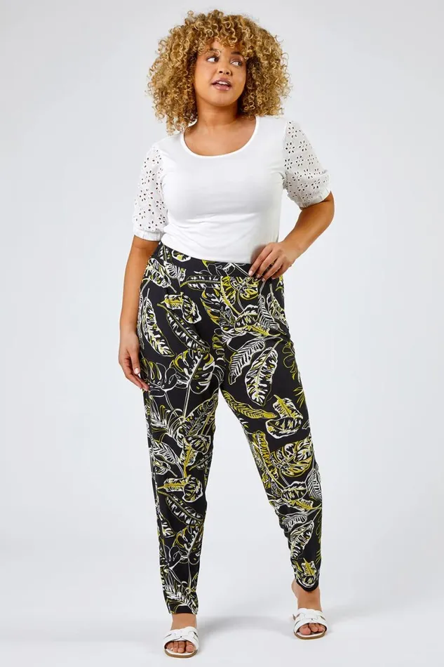 Women Black Curve Tropical Leaf Print Jersey Trouser Roman Trousers