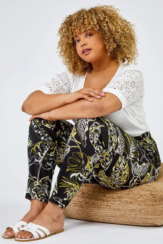 Women Black Curve Tropical Leaf Print Jersey Trouser Roman Trousers