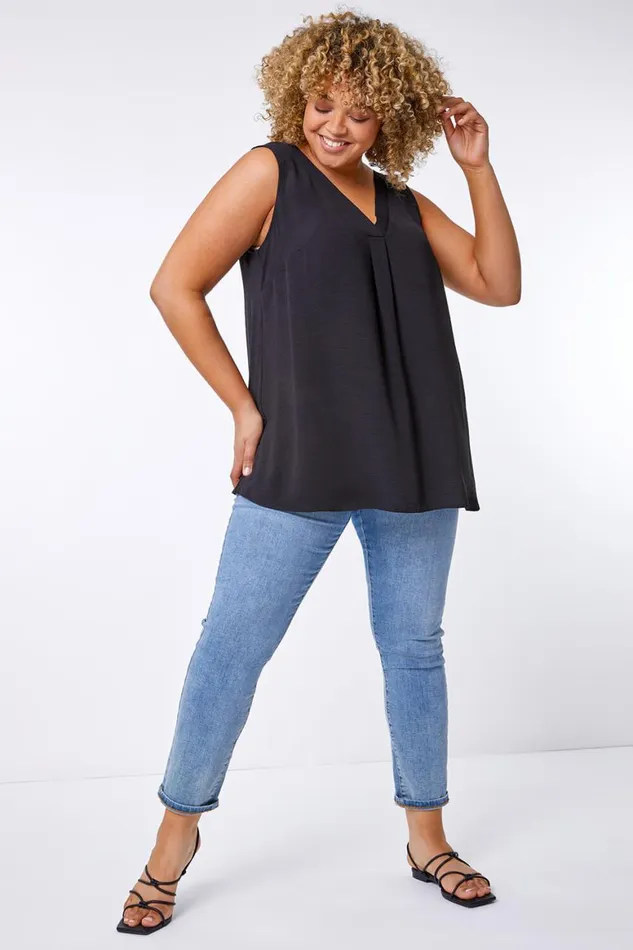 Women Black Curve VNeck Pleat Tank Top Roman Tops