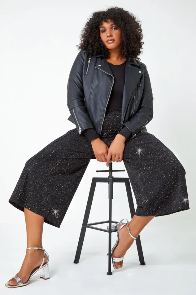 Women Black Curve Wide Leg Glitter Cropped Trouser Roman Trousers