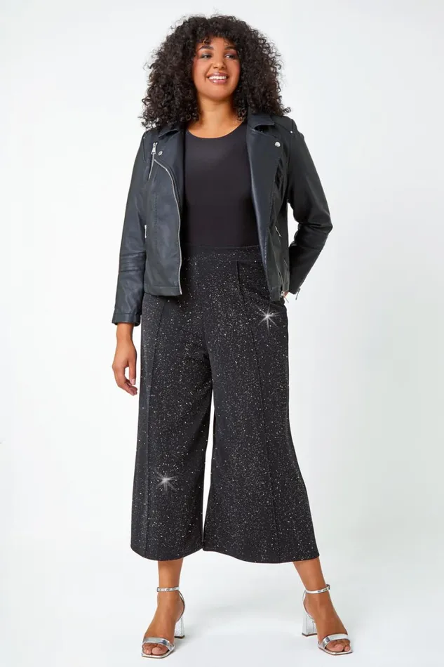 Women Black Curve Wide Leg Glitter Cropped Trouser Roman Trousers