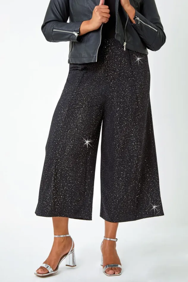 Women Black Curve Wide Leg Glitter Cropped Trouser Roman Trousers