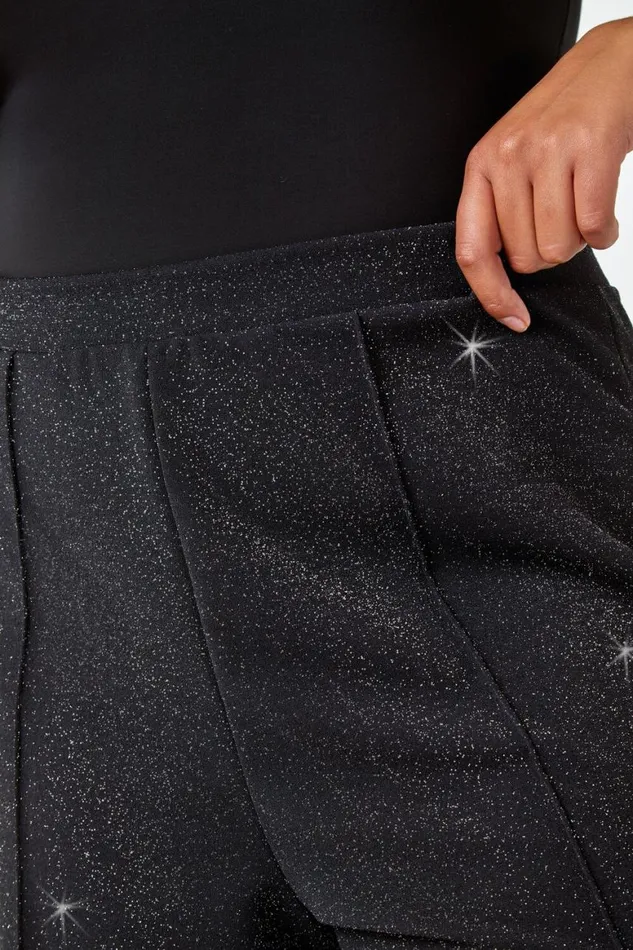 Women Black Curve Wide Leg Glitter Cropped Trouser Roman Trousers