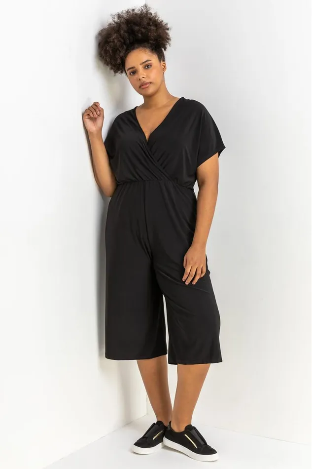 Women Black Curve Wrap Culotte Jumpsuit Roman Jumpsuits and Playsuits