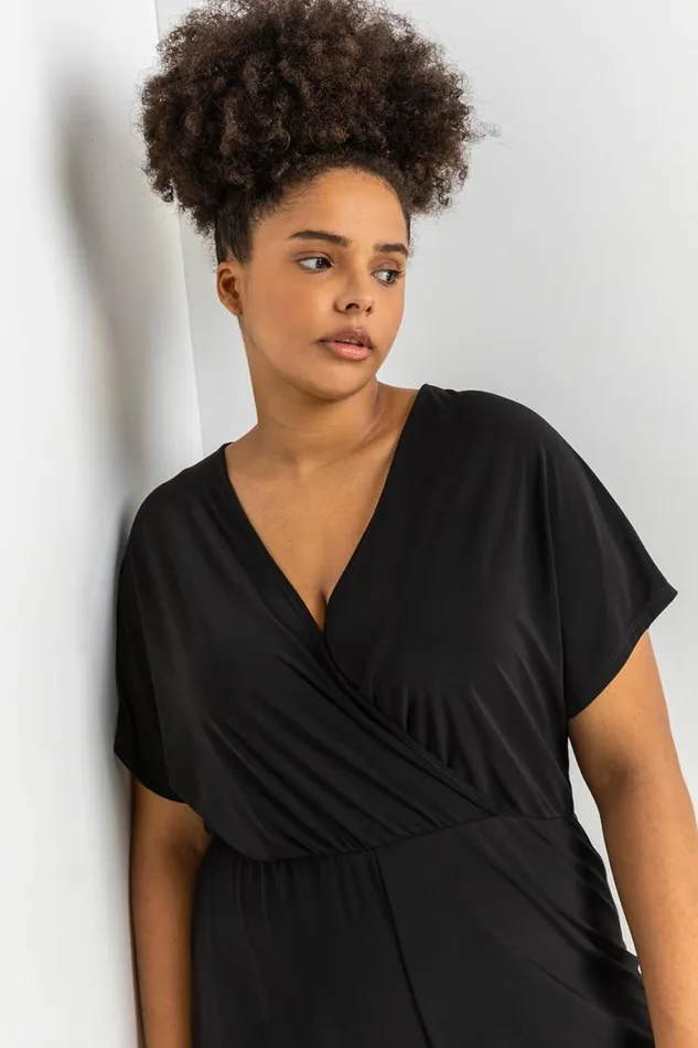 Women Black Curve Wrap Culotte Jumpsuit Roman Jumpsuits and Playsuits