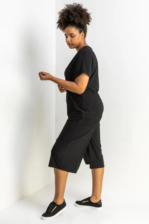 Women Black Curve Wrap Culotte Jumpsuit Roman Jumpsuits and Playsuits